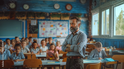 Teacher at Whiteboard Giving a Science Lesson in School Classroom