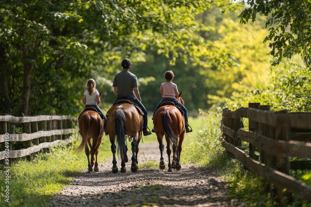 Family horseback ride through sunlit forest path