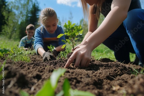 Children planting tree in nature: hands-on environmental education and conservation