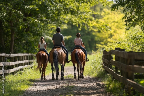 Family horseback ride through sunlit forest path photo