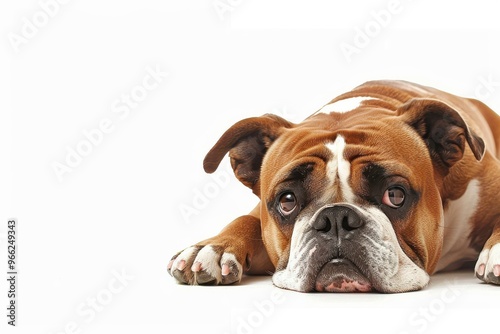 English bulldog lying down and looking up Sad dog lying down and looking up against white background