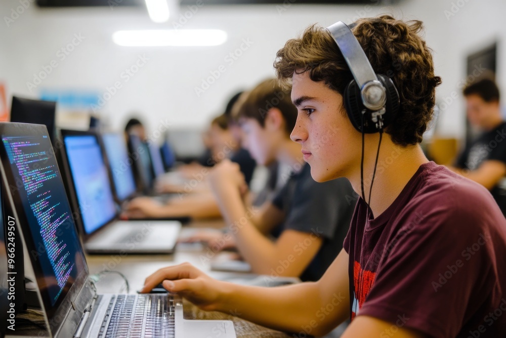 Naklejka premium Focused young programmer with headphones coding at computer in classroom setting