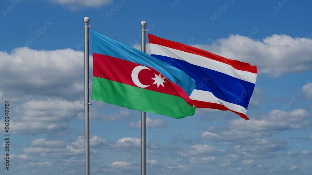 Kingdom of Thailand and Azerbaijan flags flying together, video concept of the relationship, two country cooperation concept Kingdom of Thailand and Azerbaijan flags flying together, video concept of the relationship, two country cooperation concept