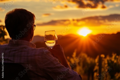 Man enjoying wine at sunset with vineyard view and sunburst horizon