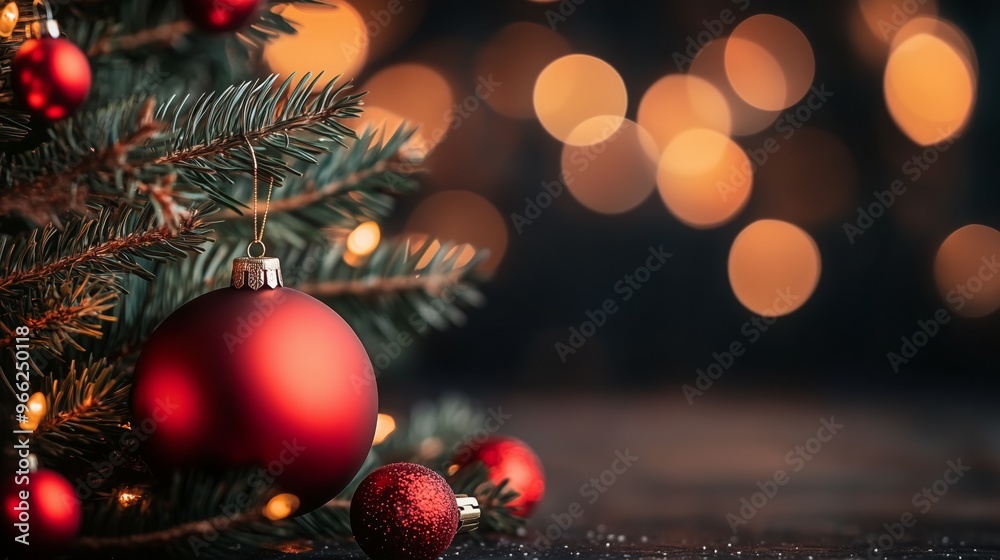 Fototapeta premium The Christmas tree is elegantly decorated with garlands and bright ornaments