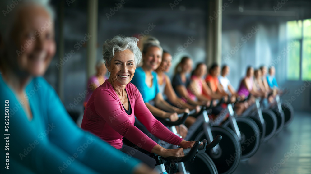 Fototapeta premium Happy Elderly Woman Doing Gym Fitness with Group