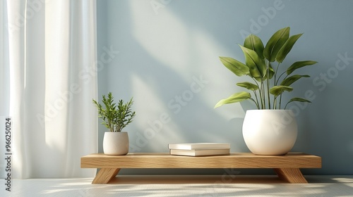 A serene interior scene featuring two potted plants on a wooden shelf, bathed in soft natural light against a blue wall.