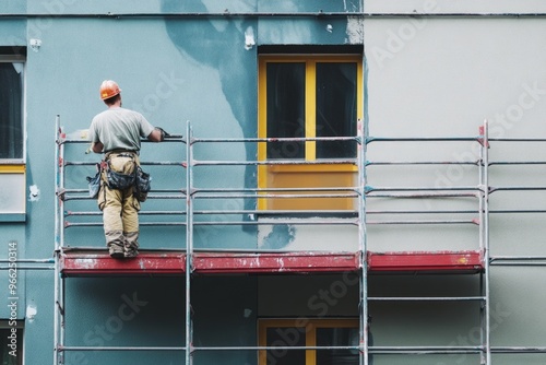 Construction worker painting building exterior on scaffolding with safety gear