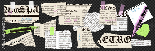 Set of torn newspapers and Notebook sheet for modern collages. Cut strips of Paper with uneven edges. Pieces of vintage book pages trendy design in scrapbook. Ripped notepad textbox. Vector elements.