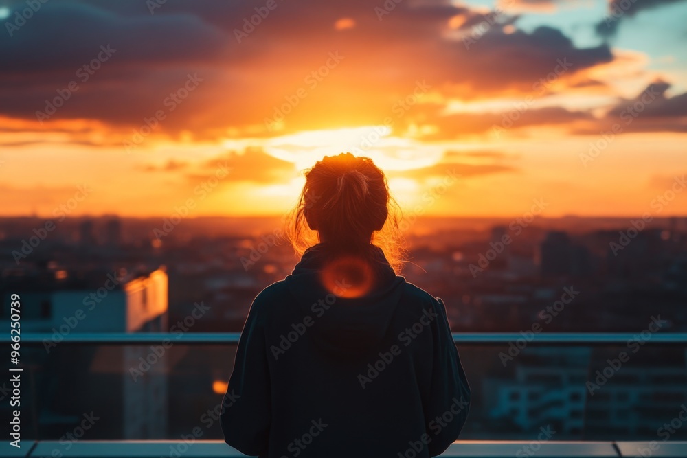 Fototapeta premium Silhouette of woman watching urban sunset from rooftop with dramatic sky