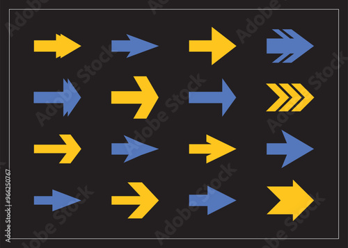 Trendy blue and yellow silhouette and isolated pointy sharp edge direction arrows icons design element set with different shapes and thin white border on black background
