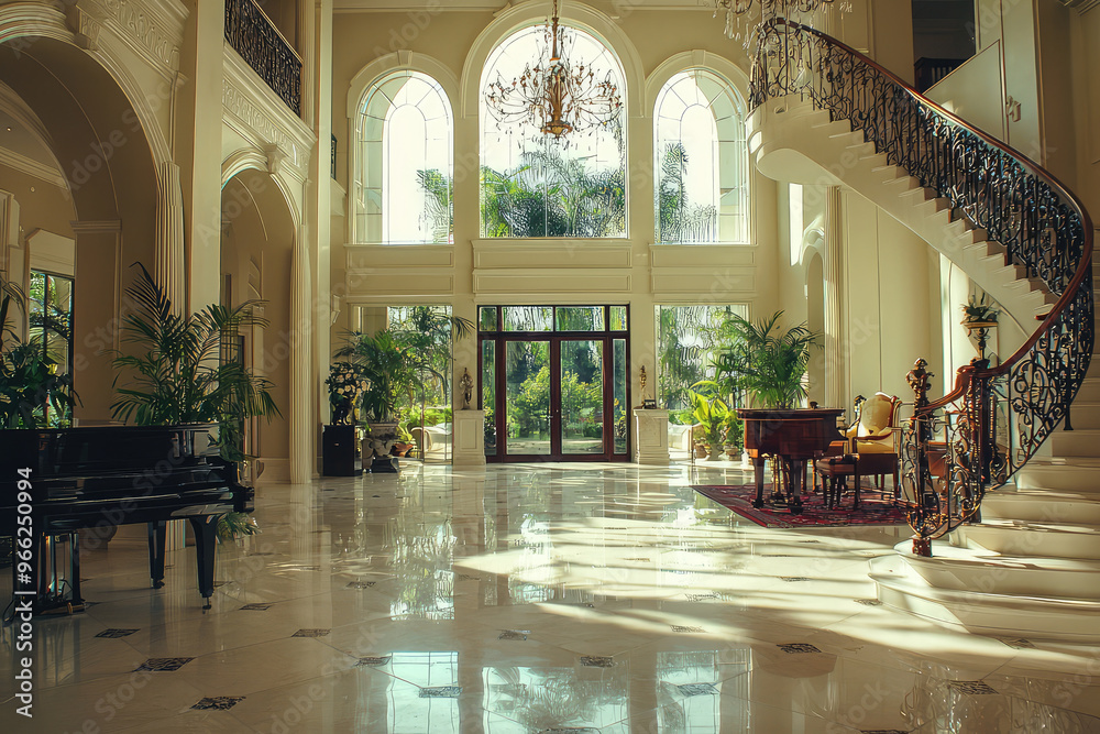 Obraz premium A luxury mansion interior featuring grand foyer with high ceilings, elegant staircase, and abundant natural light. space is adorned with lush plants and sophisticated furnishings, creating serene and