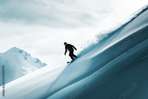 Snowboarder gliding down pristine mountain slope under clear winter skies