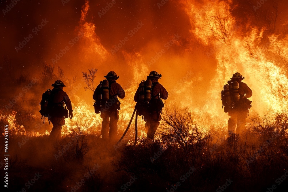 Fototapeta premium Brave firefighters battling intense wildfire flames at night