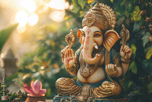 Hindu God Ganesha on indian traditional background, Ganesha Idol.