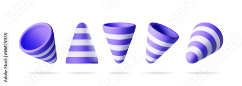 3D set of empty party popper isolated. Render collection of plasticine confetti popper. Colorful firecracker. Party holiday, surprise or birthday events. New year and christmas. Vector Illustration