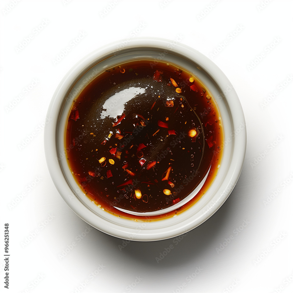 A savory and spicy dipping sauce presented in a white ceramic dish, often used to enhance the flavor of various dishes. Ideal for culinary and gourmet themes. A savory and spicy dipping sauce presented in a white ceramic dish, often used to enhance the flavor of various dishes. Ideal for culinary and gourmet themes.