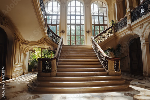 A luxury mansion interior featuring grand staircase, adorned with intricate railings and bathed in natural light. elegant design creates warm and inviting atmosphere