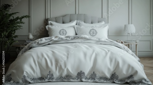 Elegant bedding arrangement featuring a stylish duvet and pillows in a serene, modern bedroom setting.