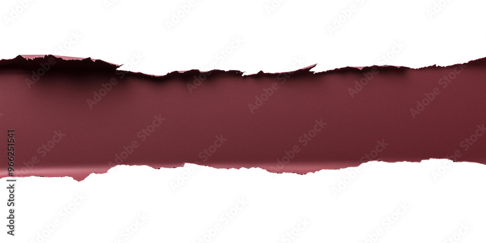 Roughly torn maroon paper strip with jagged edges isolated on transparent background