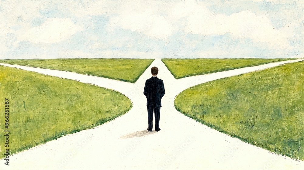 Obraz premium A man stands at a crossroads, contemplating his future choices against a serene landscape, representing decision-making and paths.