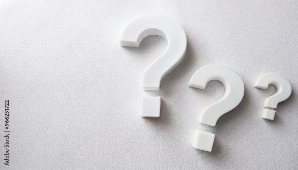 Three white question marks symbol on white floor flat lay top view from above with copy space, question, faq or brainstorming concept Three white question marks symbol on white floor flat lay top view from above with copy space, question, faq or brainstorming concept