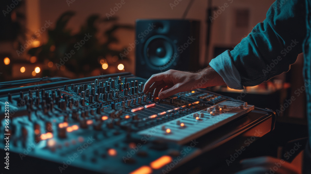 Obraz premium Podcast creator adjusting audio levels on a mixing console during a live recording