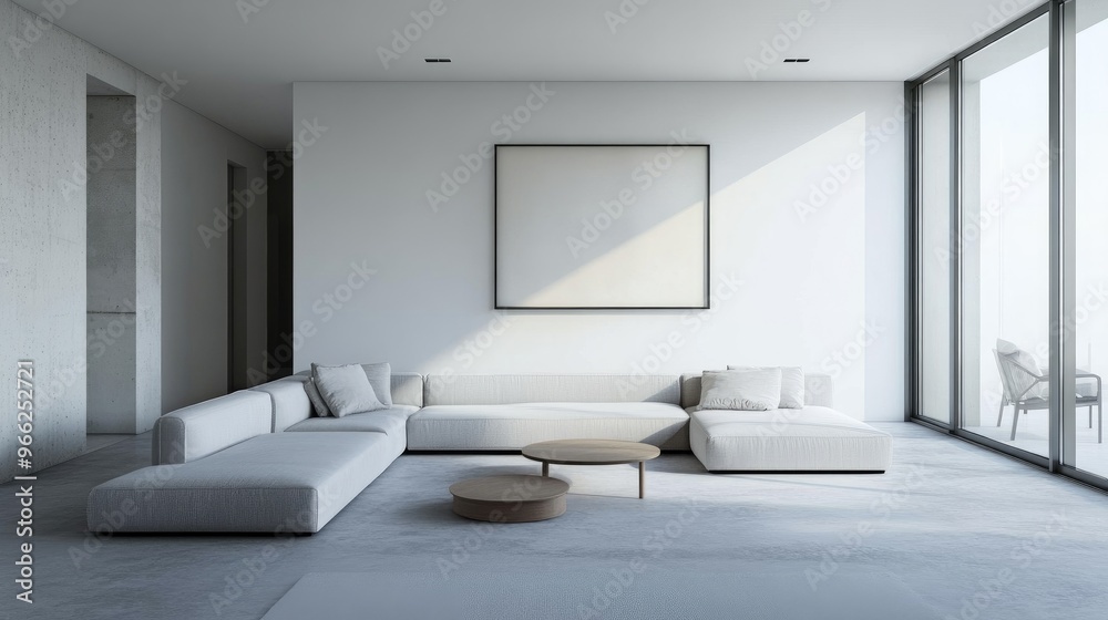 An open-concept minimalist living space with a large sectional sofa, a simple coffee table, and a minimalist art piece on the wall, creating a serene and inviting atmosphere. An open-concept minimalist living space with a large sectional sofa, a simple coffee table, and a minimalist art piece on the wall, creating a serene and inviting atmosphere.