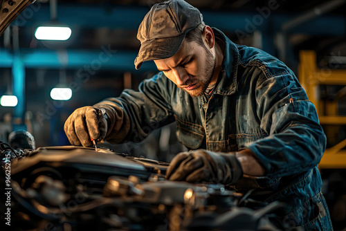 A mechanic inspecting an engine for wear and tear, focused and diligent in workshop environment. scene captures essence of automotive repair and maintenance