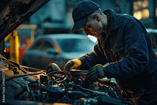 A mechanic performing tune up on car engine, focused and skilled, surrounded by workshop atmosphere. warm light highlights intricate details of engine