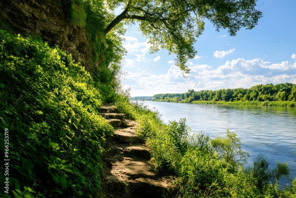 Fototapeta premium A tranquil pathway of stone steps winds through lush greenery towards the serene Loire River. The path offers a scenic escape for peaceful walks, surrounded by the beauty of nature.