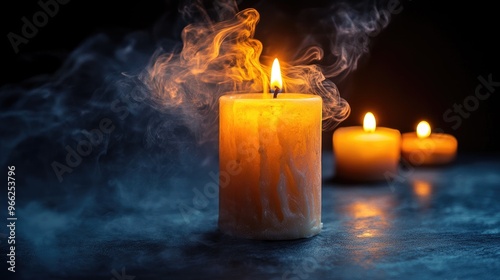 Smoke trails flowing from a recently extinguished candle, softly lit by the warm glow of surrounding candles on a dark tabletop