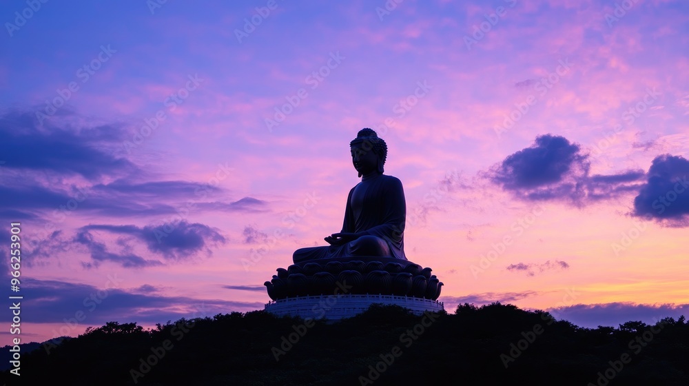 The silhouette of a Buddha statue on a hilltop at dusk, with the fading light creating a calming and spiritual atmosphere against the backdrop of a twilight sky. The silhouette of a Buddha statue on a hilltop at dusk, with the fading light creating a calming and spiritual atmosphere against the backdrop of a twilight sky.