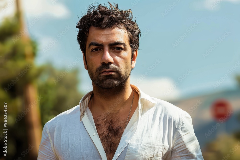 Serious man Mediterranean man posing outdoors Serious man Mediterranean man posing outdoors