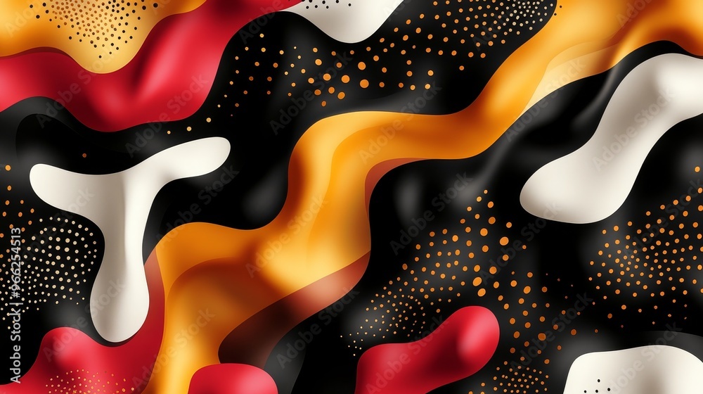 A vibrant abstract pattern featuring organic shapes and a dotted background.  The interplay of red, orange, yellow, white, and black creates a dynamic and visually captivating composition. The flowing