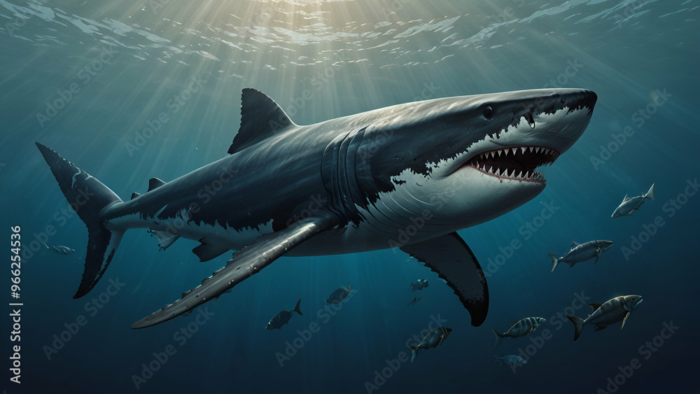 Fototapeta premium great shark glides through the deep blue sea powerful and majestic.