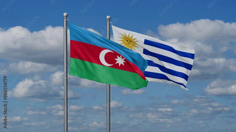 Uruguay and Azerbaijan flags flying together, video concept of the relationship, two country relations concept Uruguay and Azerbaijan flags flying together, video concept of the relationship, two country relations concept