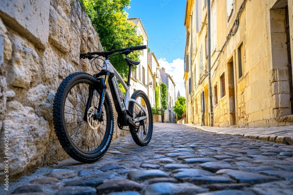 Fototapeta premium A bicycle leaning against the stone wall of a narrow alley in Avignon, the lavender fields visible in the distance