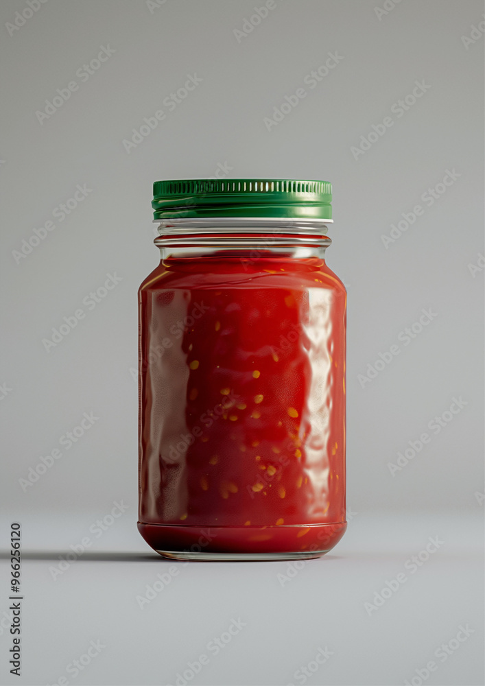 A clear glass jar filled with rich red tomato sauce, featuring visible tomato seeds, evokes a sense of homemade culinary delight and freshness.