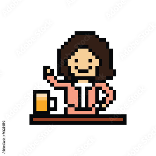 Cute pixel cartoon 8bit character woman drink beer alcohol party hangout lifestyle decoration life style 8 bit female girl drinking beer isolated png vector.