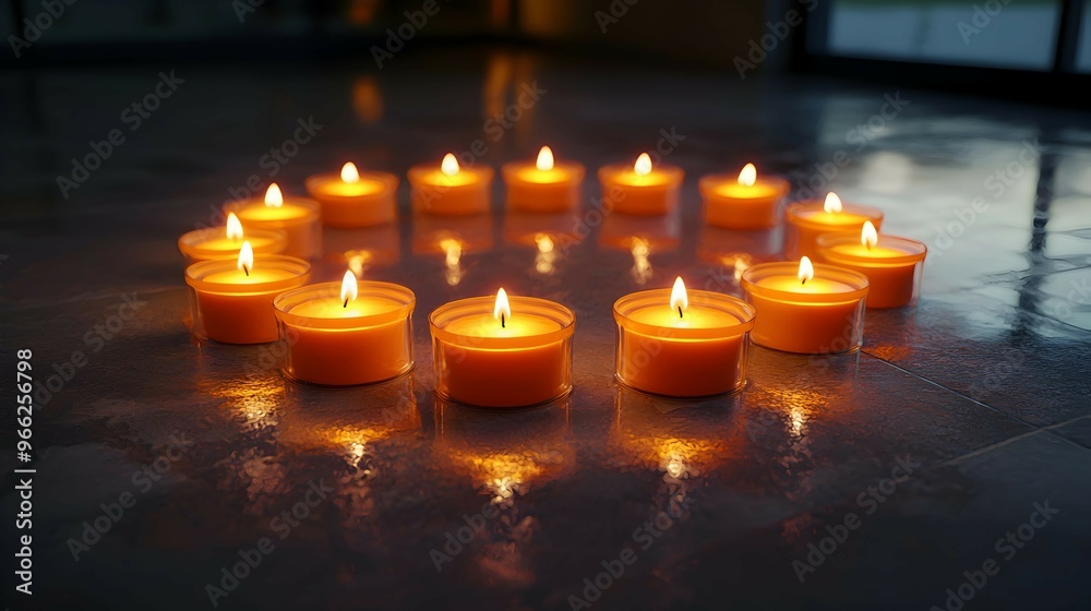 Burning Candles in a Circle on Dark Floor Burning Candles in a Circle on Dark Floor