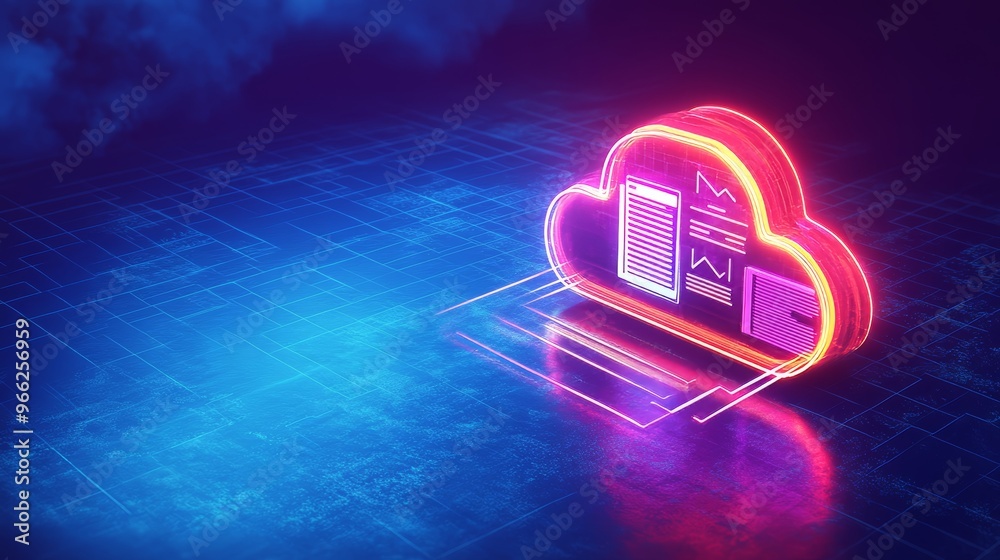 Digital futuristic glowing cloud with folders and files, modern cloud virtual technology for business and entertainment Digital futuristic glowing cloud with folders and files, modern cloud virtual technology for business and entertainment