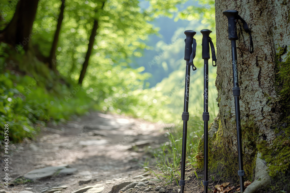A scenic hiking trail with trekking poles leaning against tree, surrounded by lush greenery and serene atmosphere. path invites adventure and exploration A scenic hiking trail with trekking poles leaning against tree, surrounded by lush greenery and serene atmosphere. path invites adventure and exploration