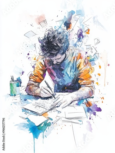 A watercolor illustration depicting a writer deeply engrossed in their craft, surrounded by a flurry of ideas and inspiration. The scene symbolizes creativity, focus, and the process of bringing thoug photo