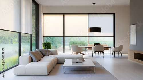 Modern living room cellular shades half-drawn light softly filtering through to illuminate the textured wall behind.