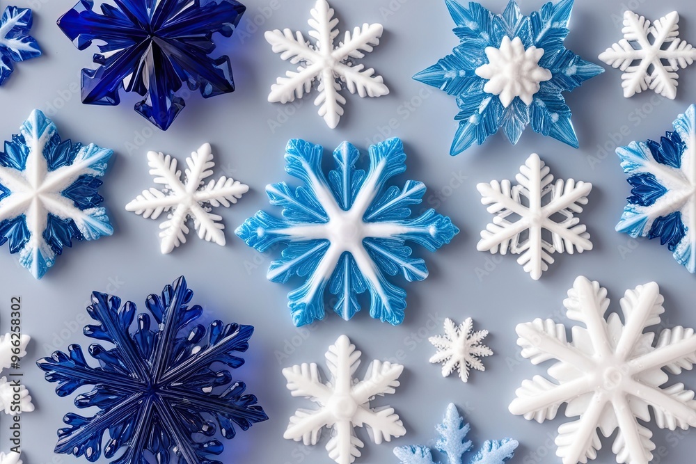 Assorted Snowflakes in Blue and White: Intricate Crystal Configurations for a Wintery Scene Assorted Snowflakes in Blue and White: Intricate Crystal Configurations for a Wintery Scene