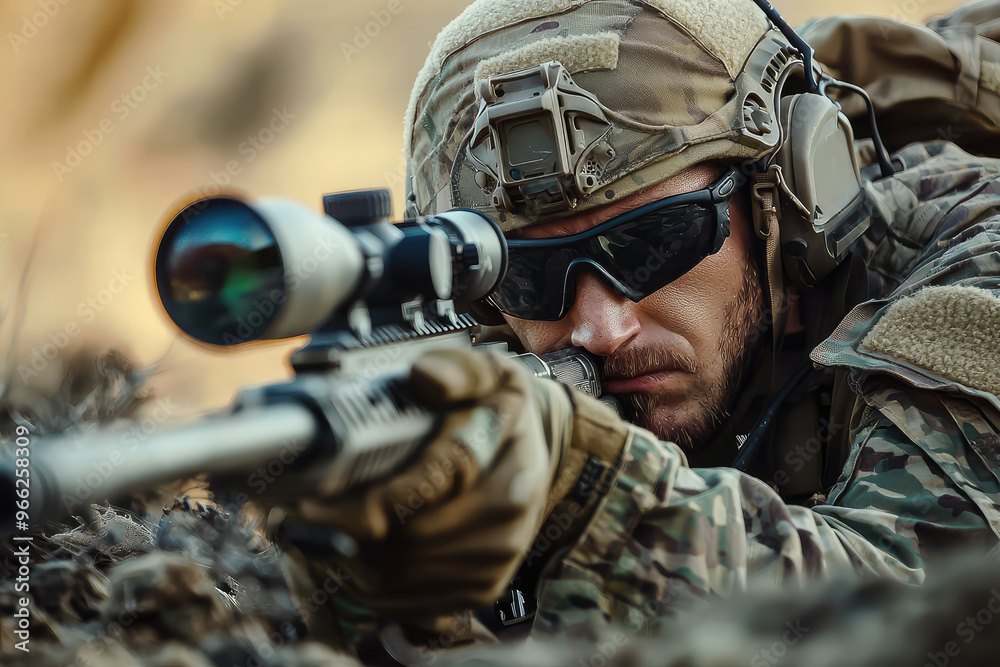 A special forces operator in sniper position, focused and ready, showcases precision and determination in tactical environment A special forces operator in sniper position, focused and ready, showcases precision and determination in tactical environment
