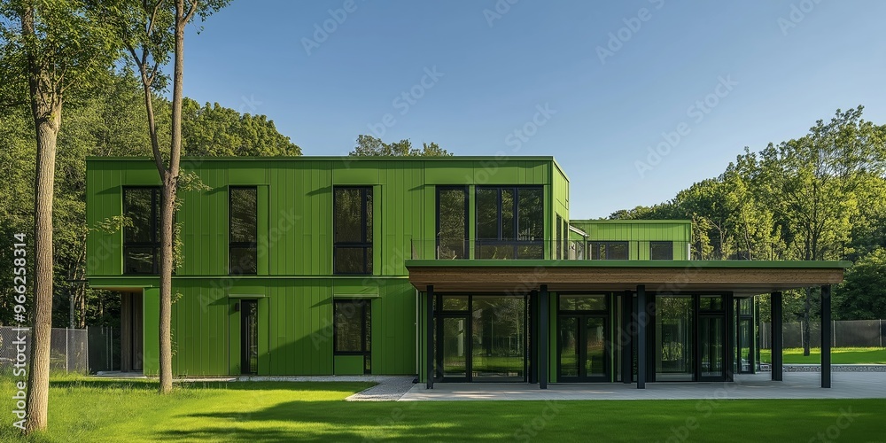 A contemporary green building beautifully set amidst lush green nature, embodying harmony between architecture and environment. A contemporary green building beautifully set amidst lush green nature, embodying harmony between architecture and environment.
