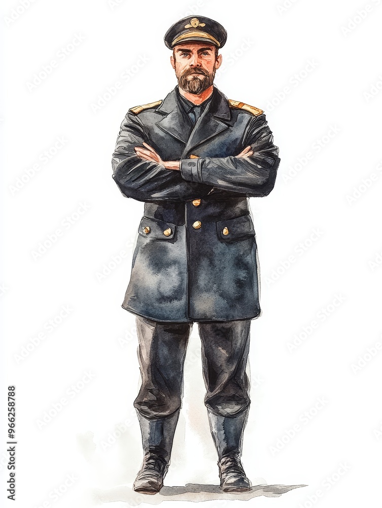 A watercolor illustration of a confident naval officer in uniform, standing with arms crossed. The image evokes a sense of authority, discipline, and strength. A watercolor illustration of a confident naval officer in uniform, standing with arms crossed. The image evokes a sense of authority, discipline, and strength.