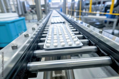 Capsule pills in blister pack on conveyor belt in a pharmaceutical industry production White capsules pill in blister pack seen in a pharmaceutical industry production as a global healthcare concept.